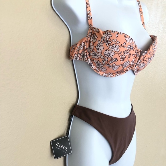 Zaful Peach Floral Underwire Top Brown High Cut Leg Bottom Bikini Swim Set M/6 - Picture 4 of 16